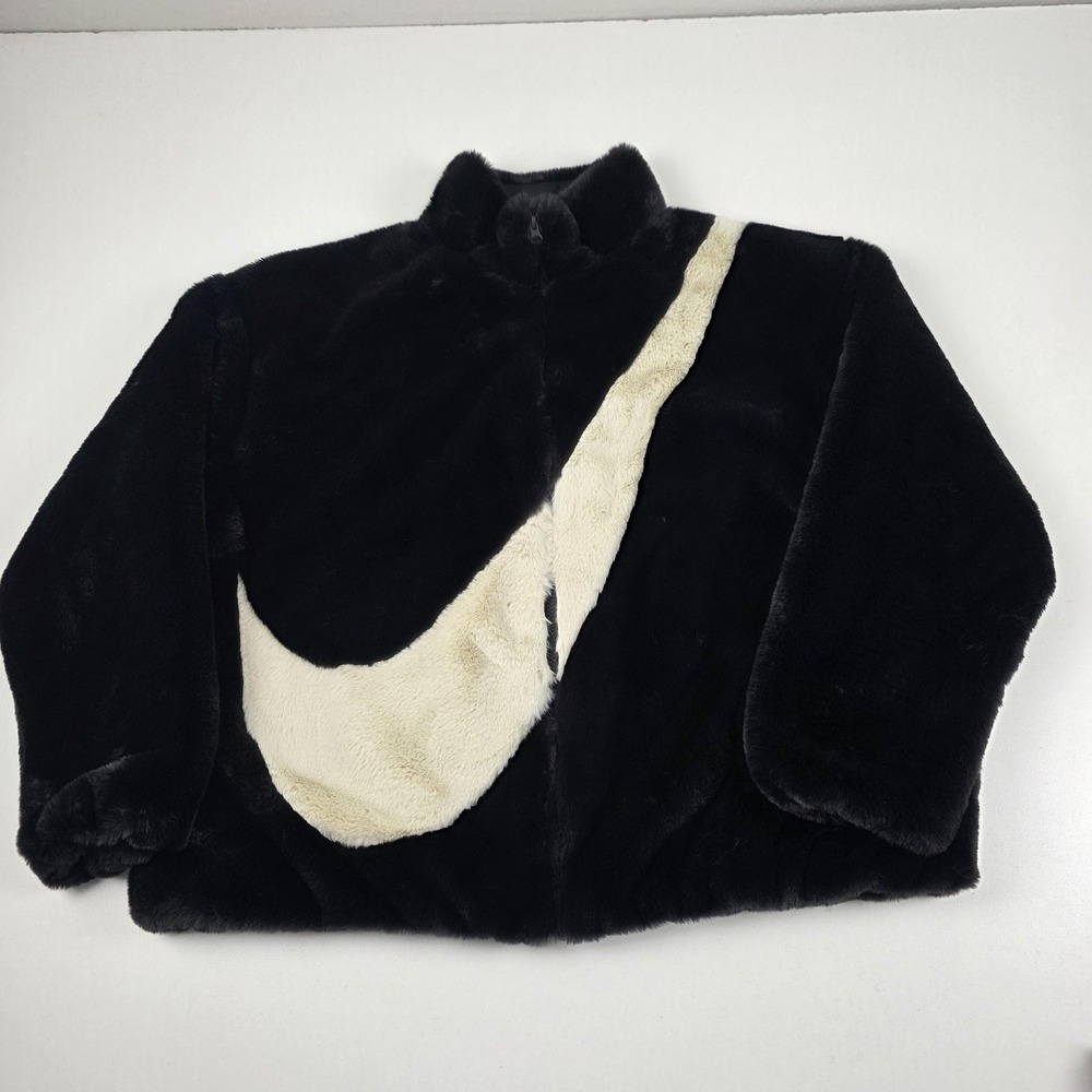 Nike Jacket Womens Large Black Faux Fur Fleece Swoosh Bomber Full Zip Winter